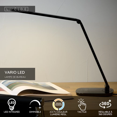Lucide VARIO LED - Lampe de bureau - LED Dim. - CCT - 1x8W 2700K/6500K - Noir - USP